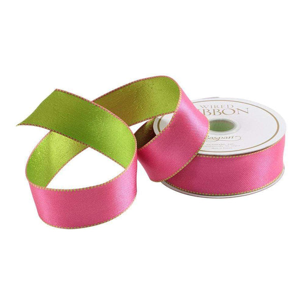 Pink & Green Reversible Satin Wired Ribbon - 10 Yard Spool