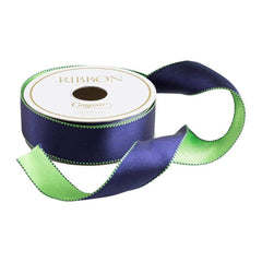 Navy & Green Reversible Satin Wired Ribbon - 10 Yard Spool